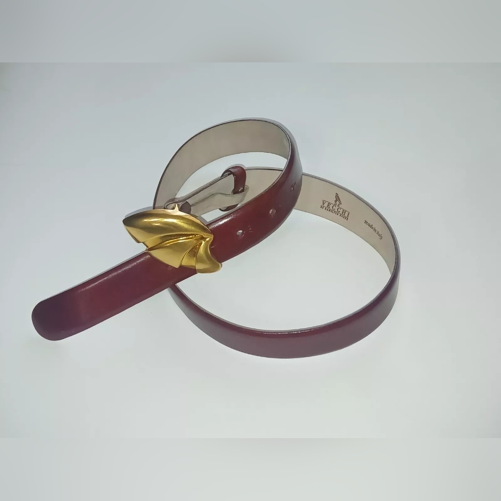 De Vecchi By Hamilton Hodge Cherry Brown Leather Belt Gold Tone Buckle Size M